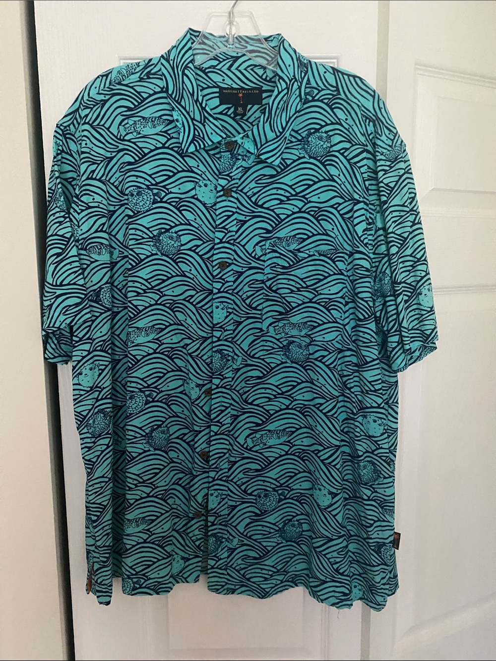 Margaritaville Teal and Navy Wave Print Short-Sleeve Button-Down Shirt